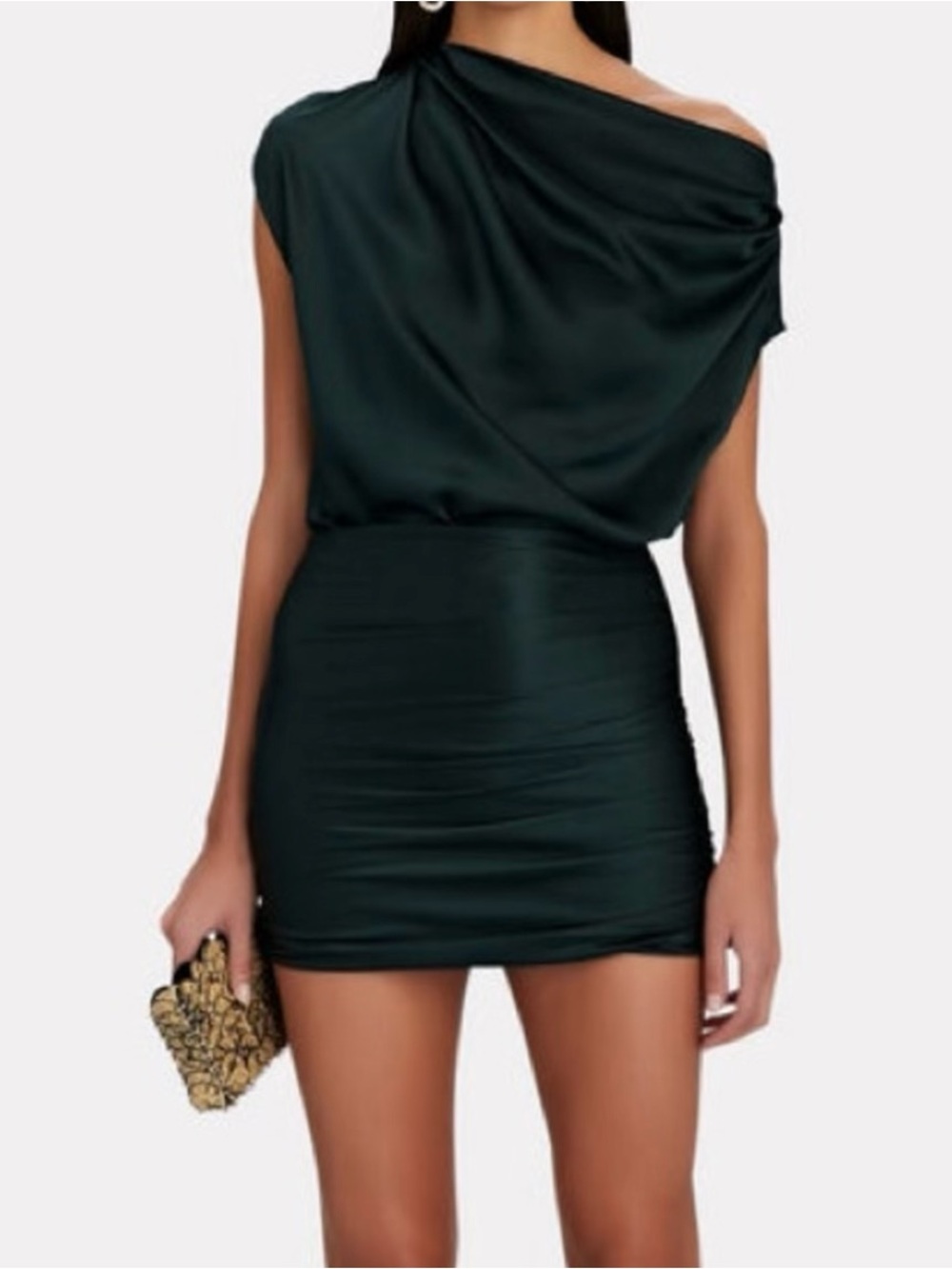The Sei 100% Silk Ruched Mini Skirt in Beetle (Dark Green)